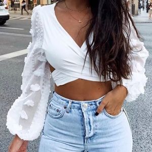 Long sleeve, backless, white Crop Top